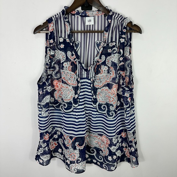 CAbi Tops - Cabi Top L Navy Paisley Stripe Sheer Boho Preppy Coastal Grandma Indie Chic